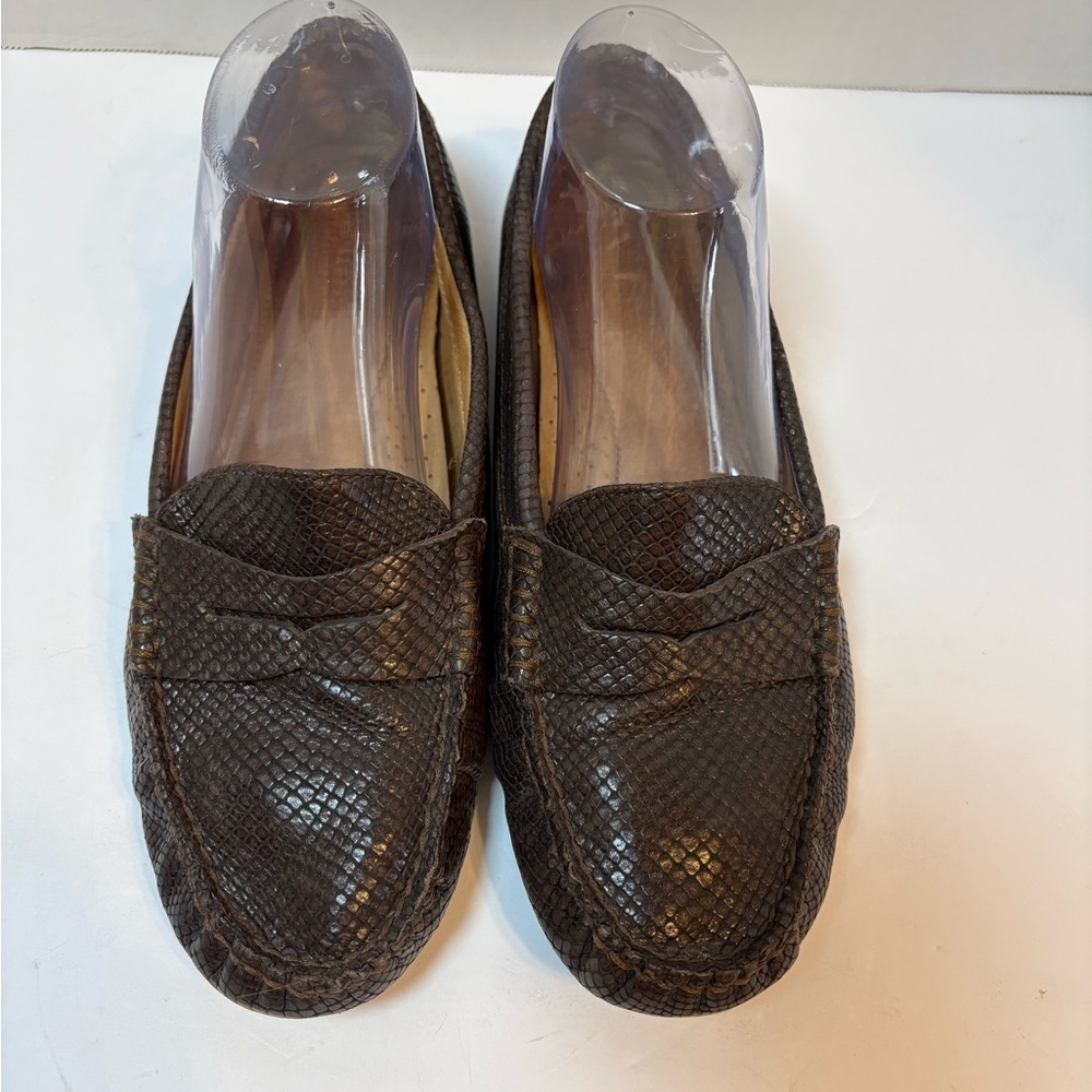 Ralph Lauren Camila women’s leather brown textured snakeskin pattern loafers 9.5